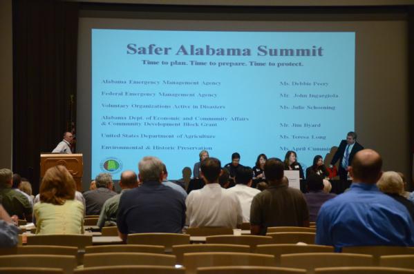 Tuscaloosa, Ala., June 13, 2011 -- Federal Coordinating Officer Albie Lewis leads a panel discussion at the Safer Alabama Summit on mitigation. Mitigation helps reduce the loss of life and property in the event of a disaster. 